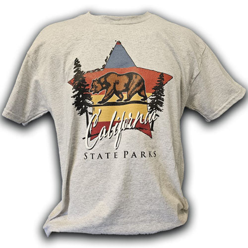 a heather gray t-shirt that says California State Parks and features two redwood trees and a Grizzly bear in front of a blue, red, and yellow star
