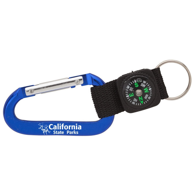 a small compass attached to a blue carabiner