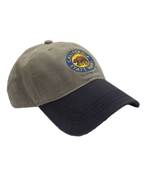a baseball hat with a stone colored cap and a navy blue bill, and an embroidered California State Parks logo