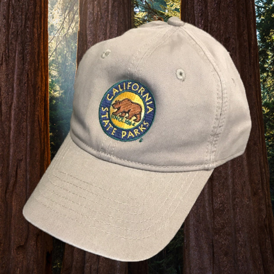 a stone colored baseball hat with an embroidered California State Parks logo