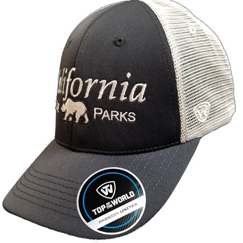 a dark gray trucker hat with white mesh and the words California State Parks
