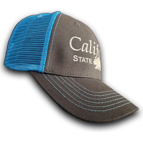 a gray trucker hat with bright blue mesh and the words California State Parks