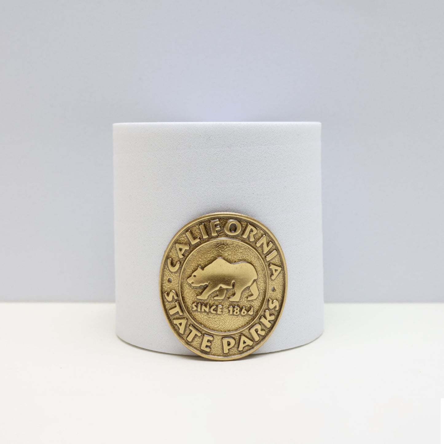 a rustic, bronze colored medallion with a grizzly bear in the center atop the words Since 1864, surrounded by the words California State Parks