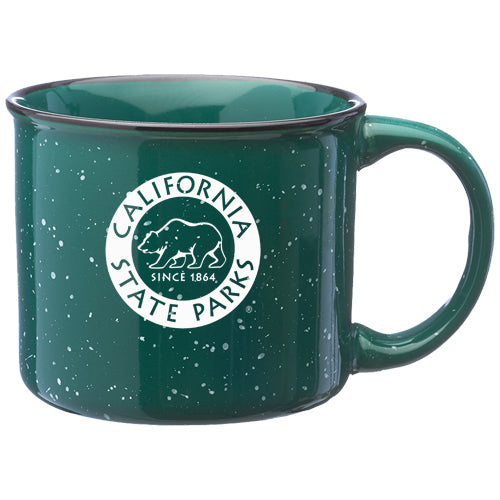 a forest green campfire style mug with white speckles and a California State Parks logo