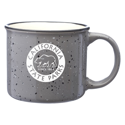 a gray campfire style mug with white and black speckles and a California State Parks logo