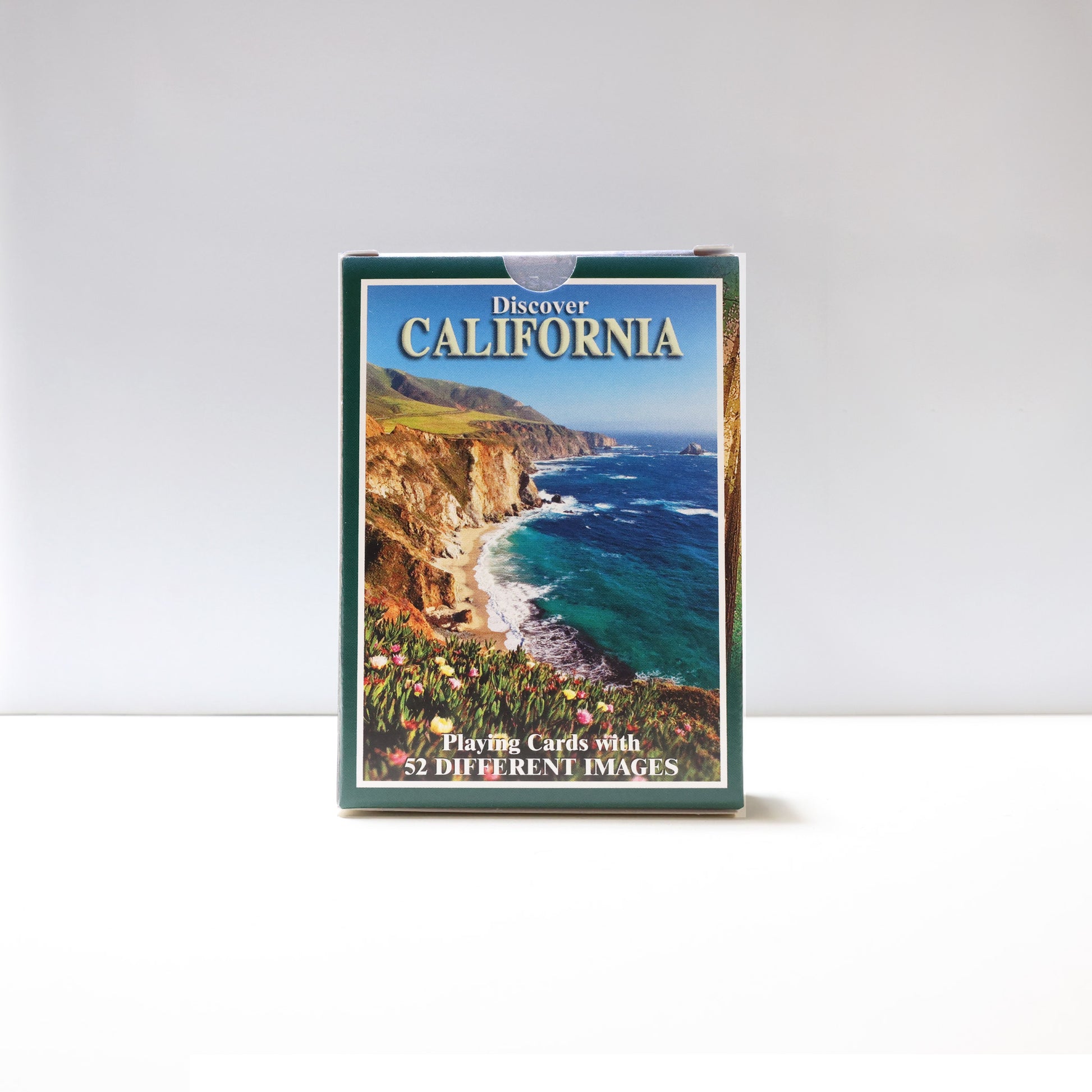 the back of the Discover California pack of cards, featuring a seaside view