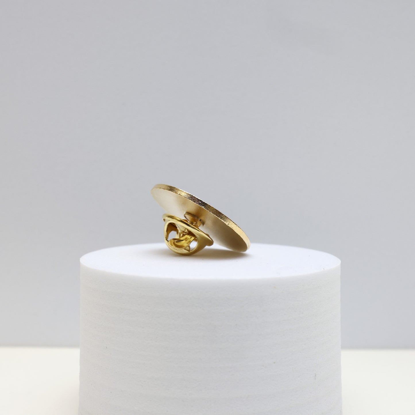 the round gold pin from the side, so you can see the clutchback