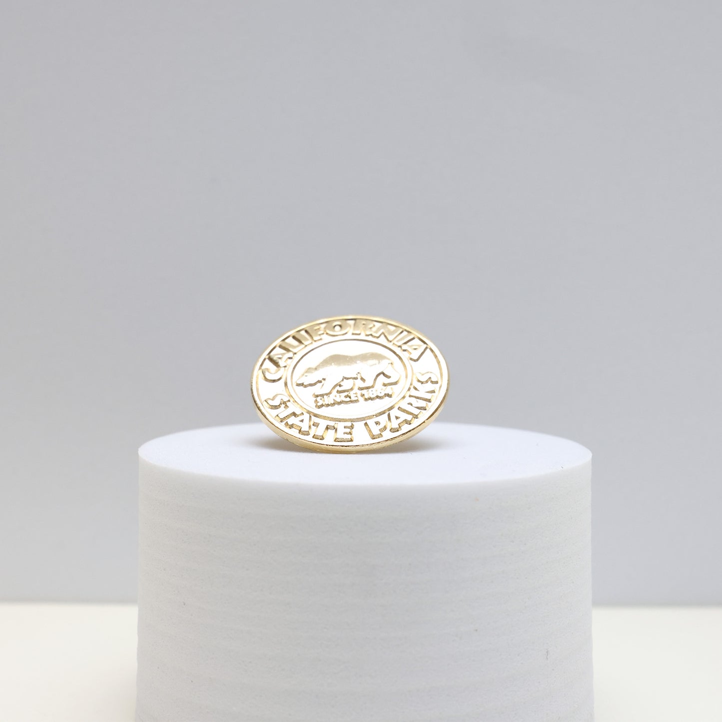 the round gold pin at an angle, reflecting light