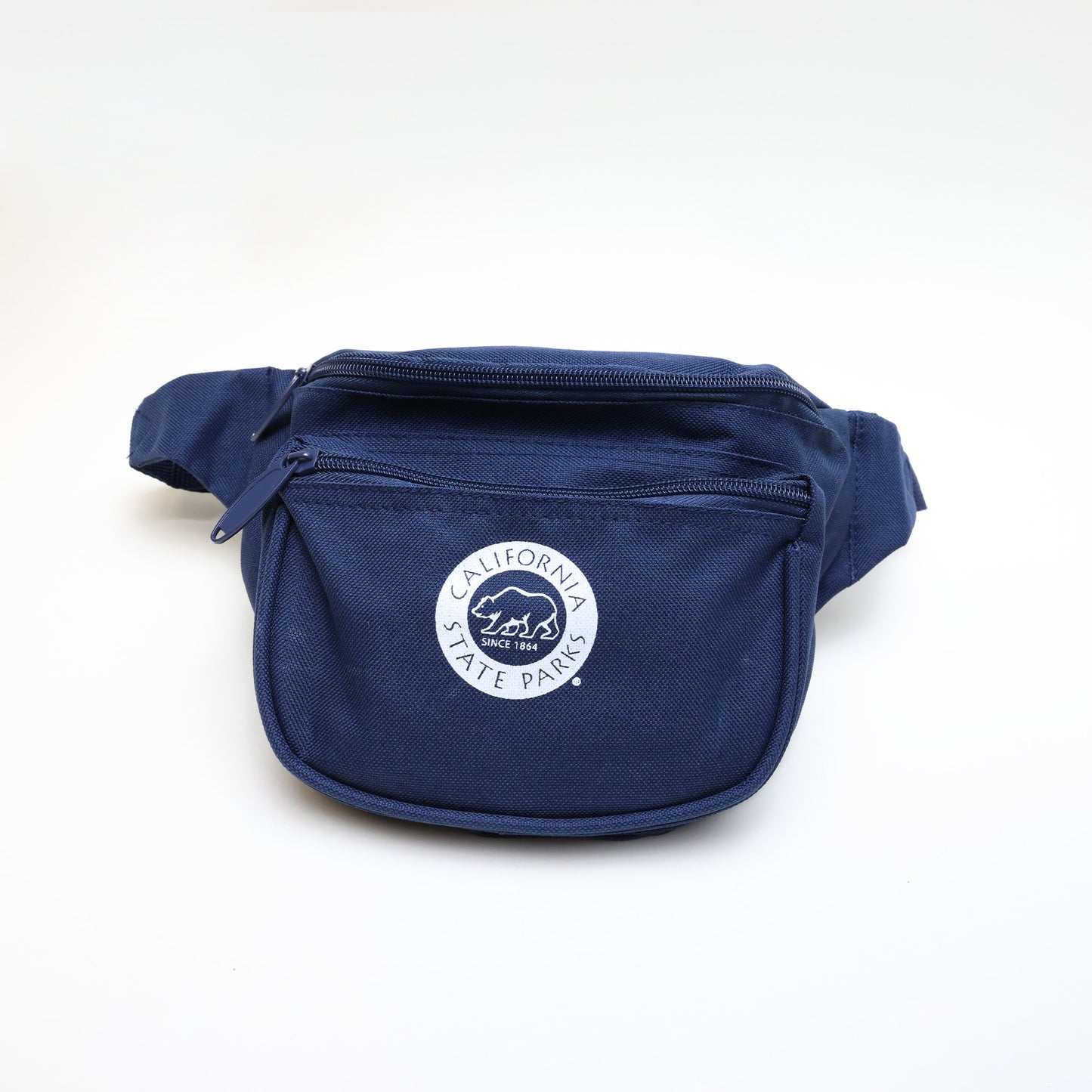 a blue fanny pack with two zippers and a white California State Parks logo