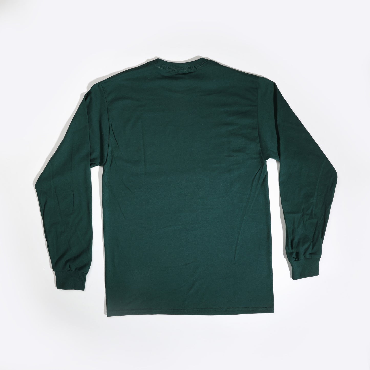 the back of the long sleeve, forest green t-shirt