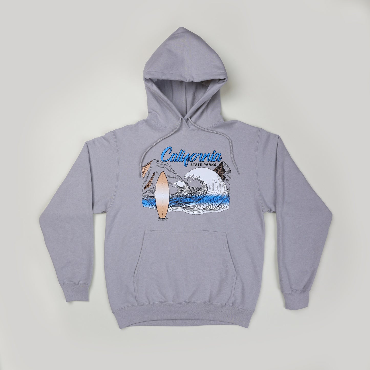A silver hoodie featuring the words California State Parks and an image of a surfboard and two waves