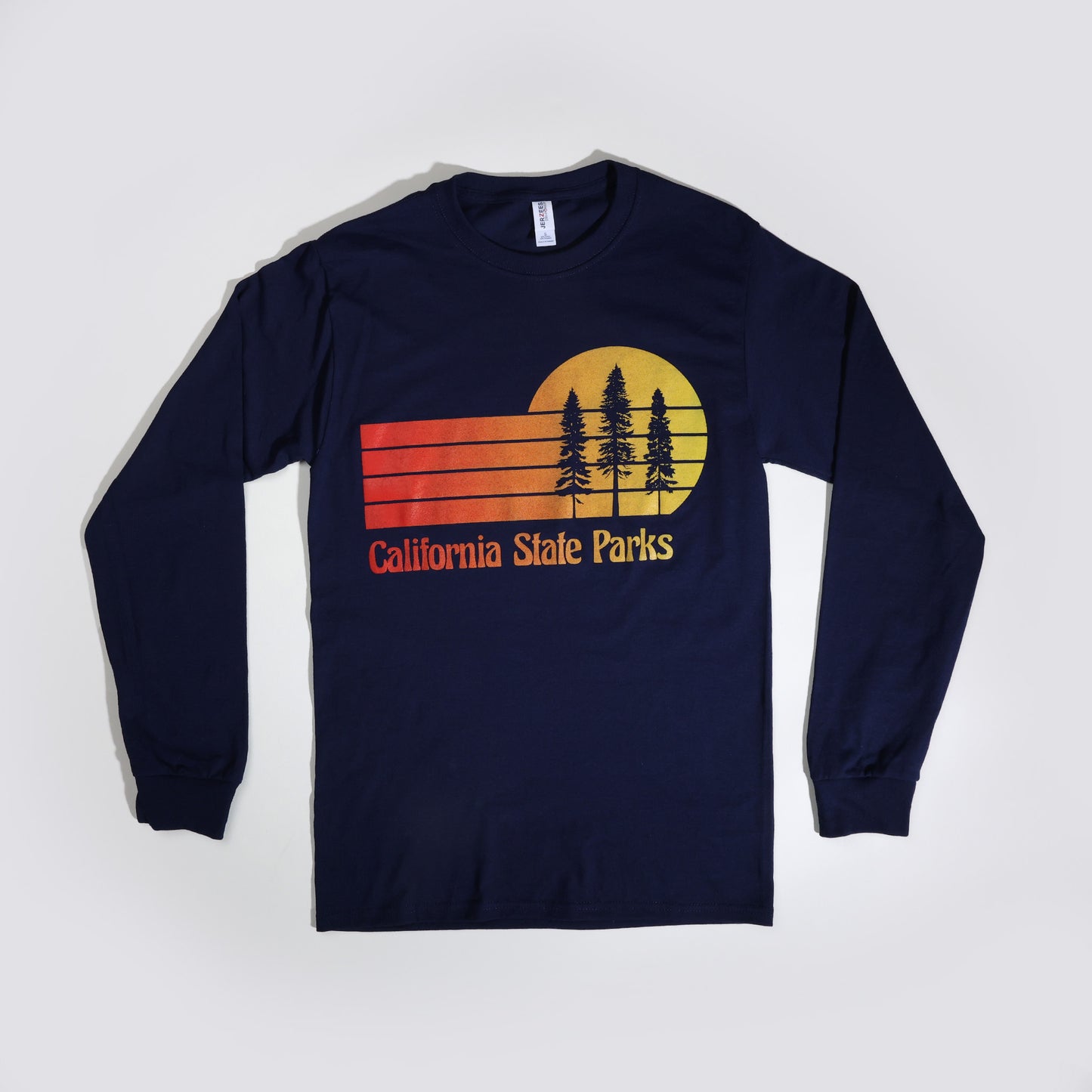 a long sleeve, navy blue t-shirt featuring a retro sunset design with three Redwood trees