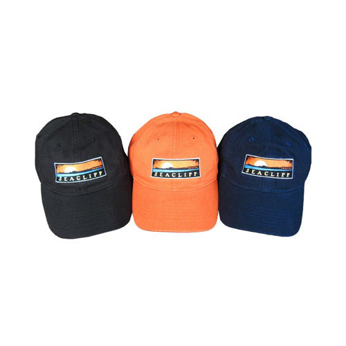 three hats - black, orange, and blue - each with an illustration of Seacliff State Beach