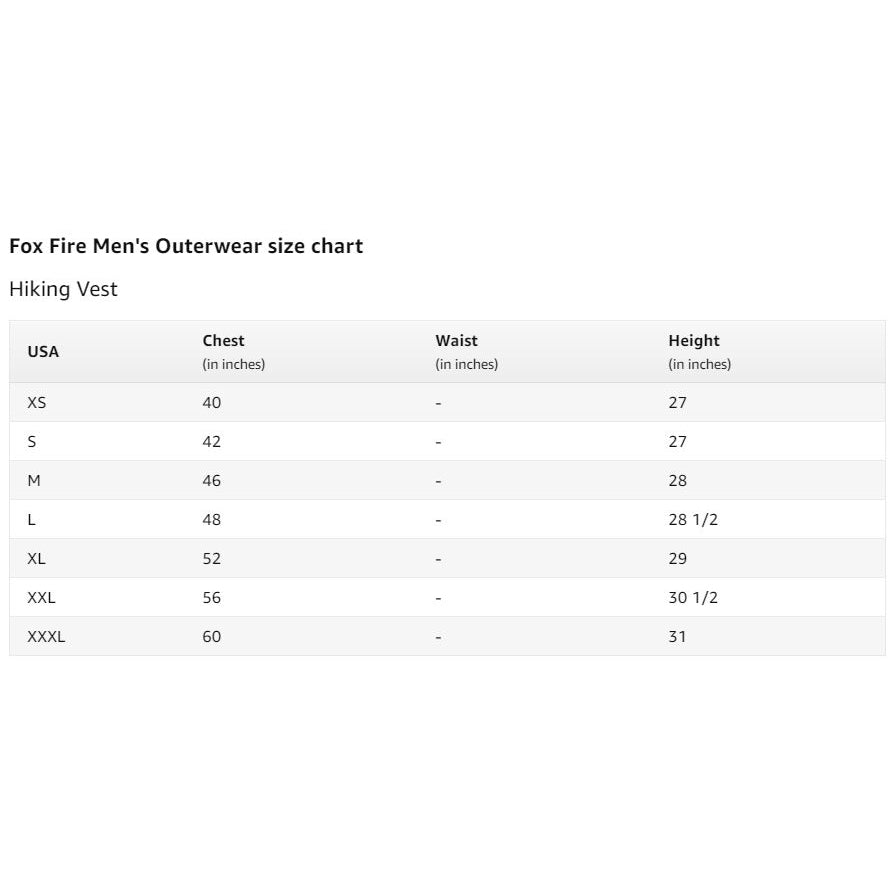 the sizing chart for the hiking vest