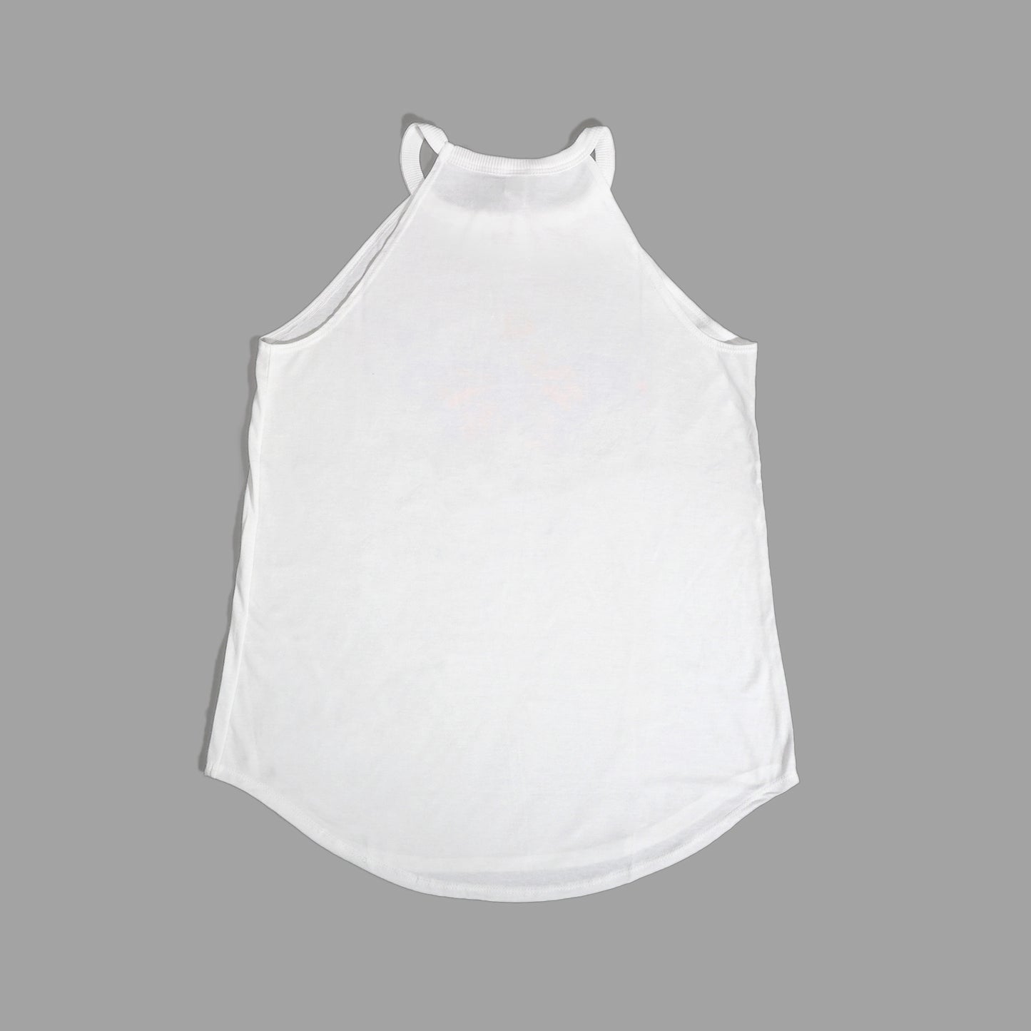 the back of the white tank top with spaghetti straps and a high back
