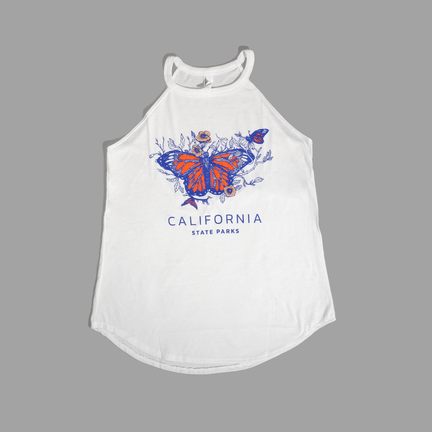 a white flowy tank top with a halter neckline, spaghetti straps, and an illustration of a Monarch butterfly