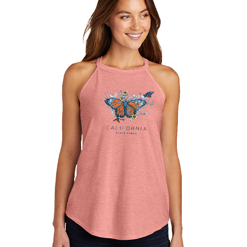 a coral peach colored flowy tank top with a halter neckline, spaghetti straps, and an illustration of a Monarch butterfly