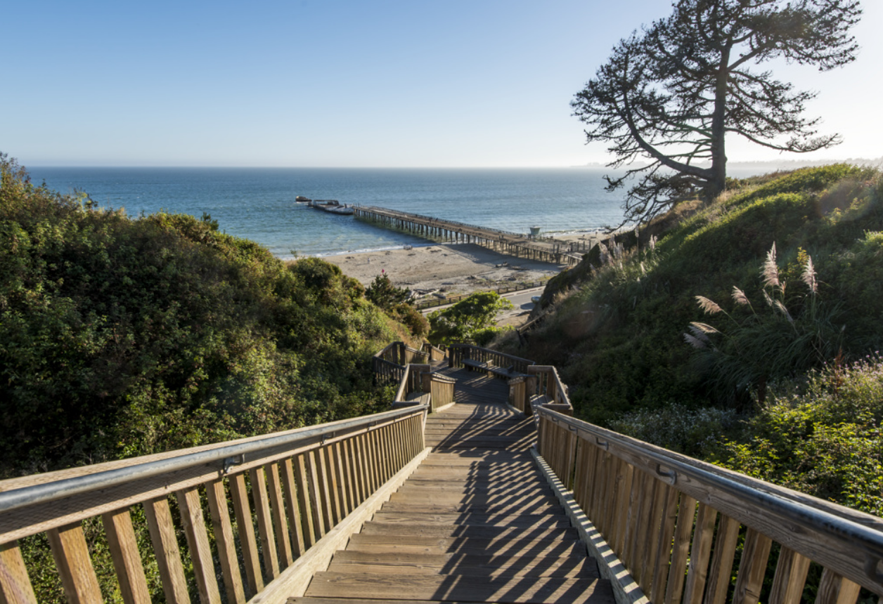 Looking down a long staircase leading down to a blue beach