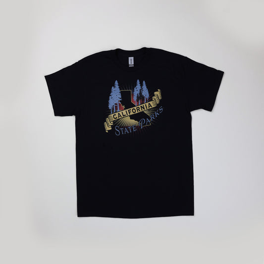 a black t-shirt featuring a silhouette of the state, in front of yellow rays, surrounded by blue silhouettes of redwood trees and the words California State Parks