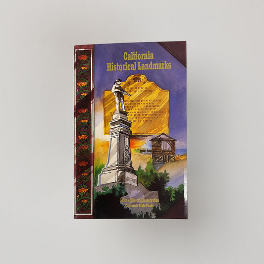 the cover of California Historical Landmarks, featuring golden poppies on the left and various landmarks in the center