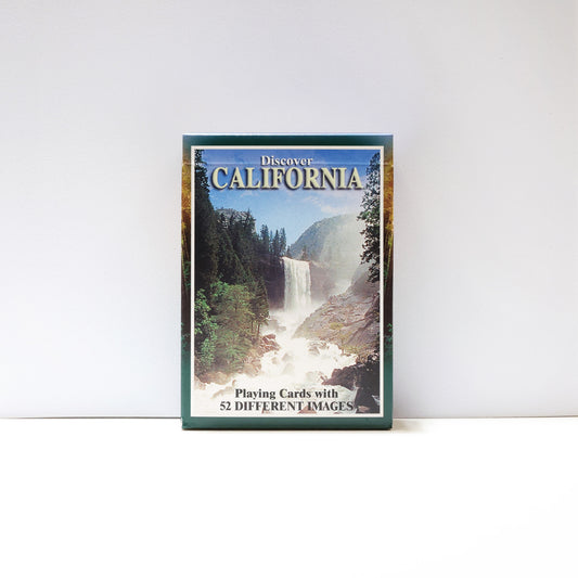 the front of the Discover California pack of cards, featuring an image of a waterfall