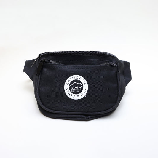a black fanny pack with two zippers and a white California State Parks logo