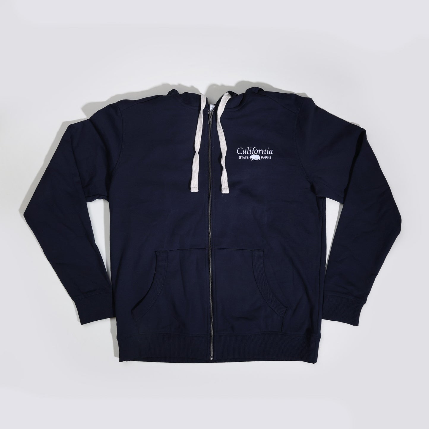 a navy blue zippered hoodie with the hood hidden